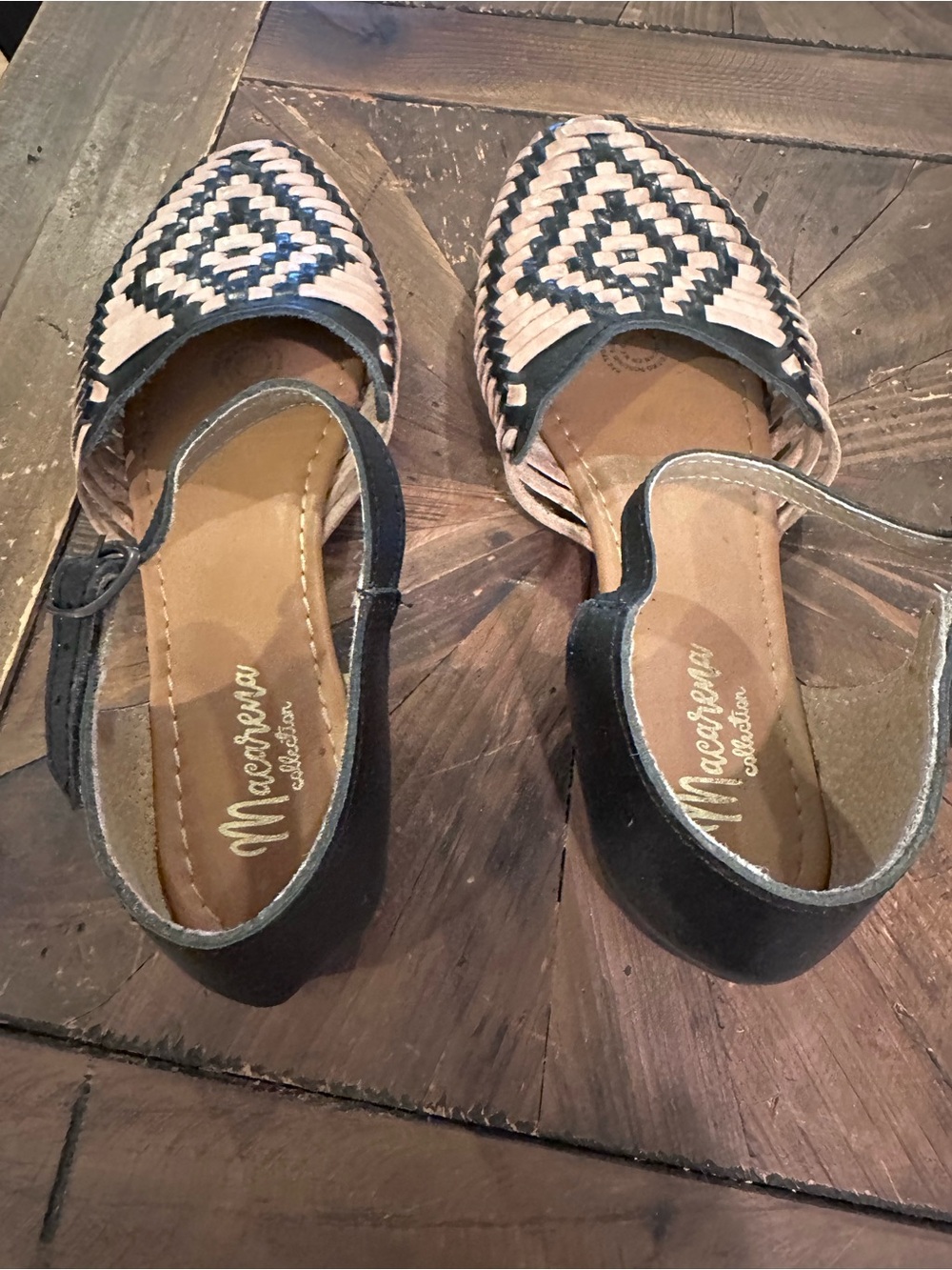 Women’s Woven Ankle-Strap Flats in Black and Nude - Picture 2 of 3